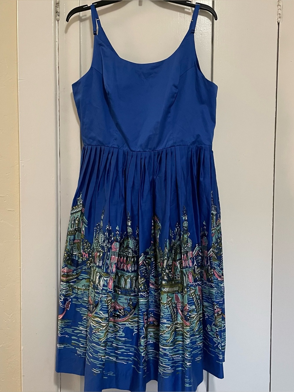 Retrospec’d Blue Sleeveless Fit-and-Flare Dress with Scenic Grand Canal Print 12
